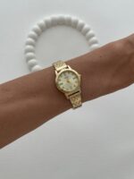 Yuvarlak Tasarım Zirkon Taşlı Kadranı Sarı Gold Vintage Saat - Görsel 3