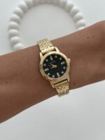 Yuvarlak Tasarım Zirkon Taşlı Kadranı Siyah Gold Vintage Saat