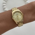 Yuvarlak Tasarım Zirkon Taşlı Kadranı Sarı Gold Vintage Saat