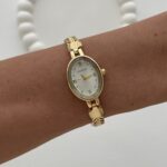 Oval Tasarım Kadranı Beyaz Gold Vintage Saat