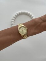 Yuvarlak Tasarım Zirkon Taşlı Kadranı Sarı Gold Vintage Saat - Görsel 3