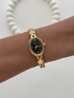 Oval Tasarım Kadranı Siyah Gold Vintage Saat