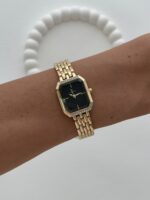 Kare Tasarım Zirkon Taşlı Kadranı Siyah Gold Vintage Saat