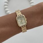 Kare Tasarım Zirkon Taşlı Kadranı Sarı Gold Vintage Saat