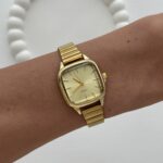Kare Tasarım Kadranı Sarı Gold Vintage Saat