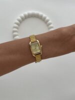 Dikdörtgen Tasarım Zirkon Taşlı Kadranı Sarı Gold Vintage Saat - Görsel 3