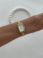 Dikdörtgen Tasarım Zirkon Taşlı Kadranı Beyaz Gold Vintage Saat - Görsel 3