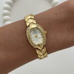Oval Tasarım Zirkon Taşlı Kadranı Beyaz Gold Vintage Saat