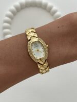 Oval Tasarım Zirkon Taşlı Kadranı Beyaz Gold Vintage Saat