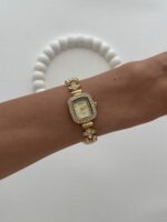 Kare Tasarım Zirkon Taşlı Kadranı Sarı Gold Vintage Saat - Görsel 3