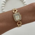Kare Tasarım Zirkon Taşlı Kadranı Beyaz Gold Vintage Saat
