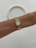 Kare Tasarım Zirkon Taşlı Kadranı Beyaz Gold Vintage Saat - Görsel 3