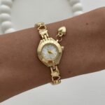 Yuvarlak Tasarım Kalp Detay Kadranı Beyaz Gold Vintage Saat