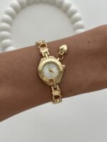 Yuvarlak Tasarım Kalp Detay Kadranı Beyaz Gold Vintage Saat