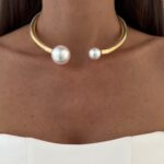 Özel Seri Uçları İnci Detay Gold Tırtık Choker Kolye