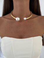 Özel Seri Uçları İnci Detay Gold Tırtık Choker Kolye - Görsel 4