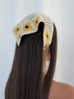 Sarı Çiçek Tasarım Örgü Krem Bandana