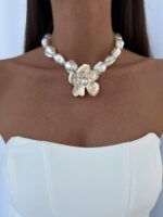 Özel Seri Gold Çiçek Büyük Barok İnci Choker Kolye - Görsel 3