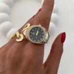 Özel Seri Saat Tasarım Zirkon Taşlı Kadranı Siyah Gold Yüzük