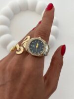 Özel Seri Saat Tasarım Zirkon Taşlı Kadranı Siyah Gold Yüzük