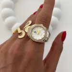Özel Seri Saat Tasarım Zirkon Taşlı Kadranı Beyaz Gold Yüzük